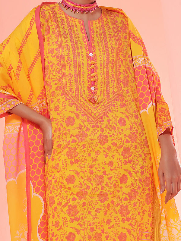 3Pc Printed Unstitched Lawn Yellow - OL3P-6151-A