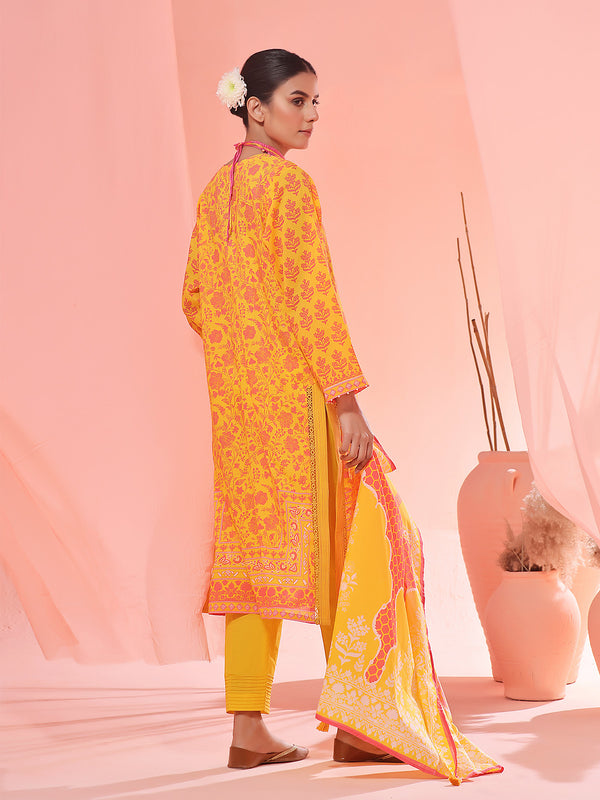 3Pc Printed Unstitched Lawn Yellow - OL3P-6151-A