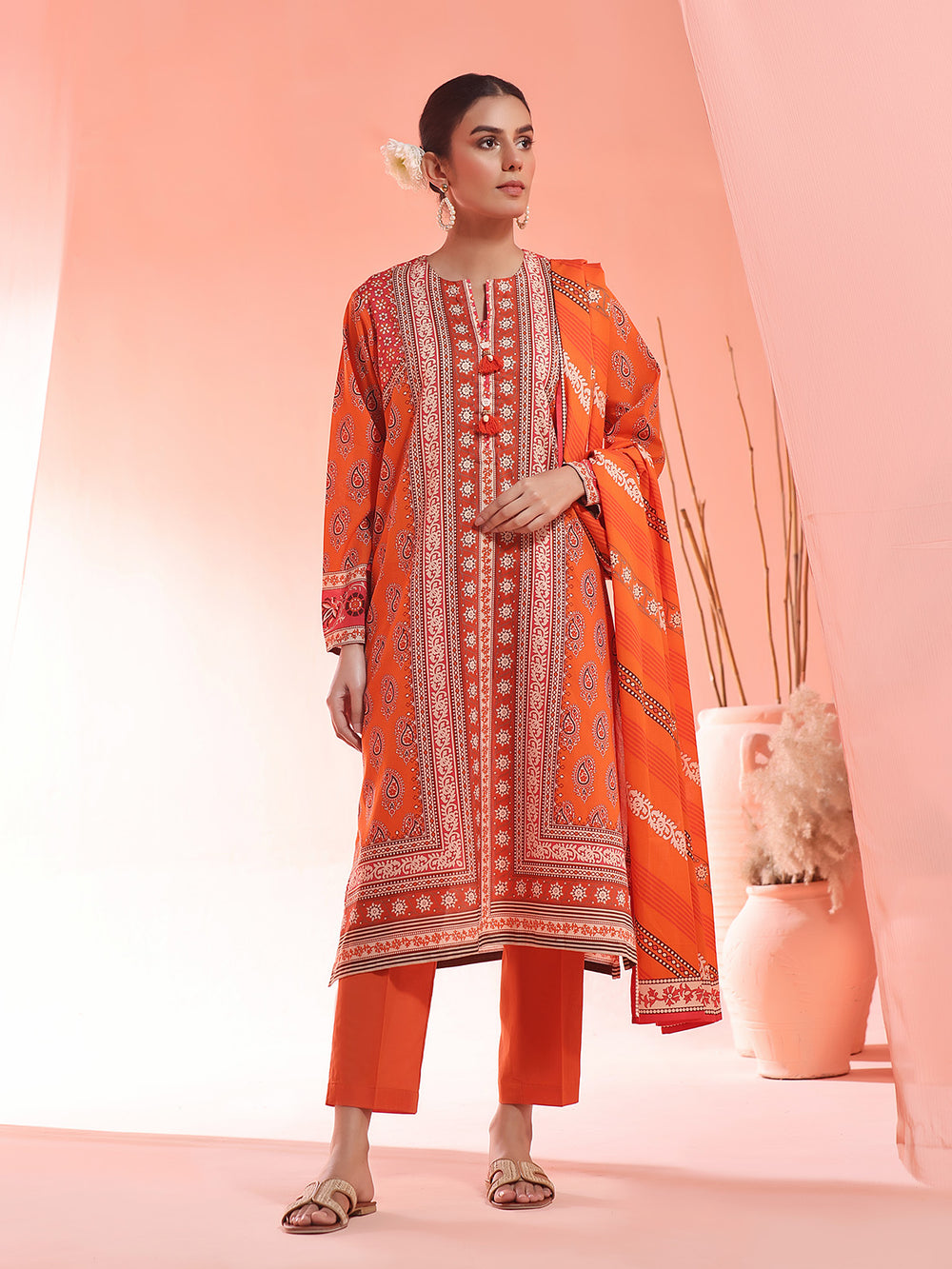 3Pc Printed Unstitched Lawn Orange - OL3P-6156-A