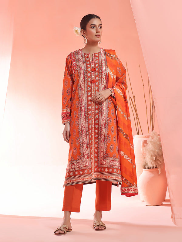 3Pc Printed Unstitched Lawn Orange - OL3P-6156-A
