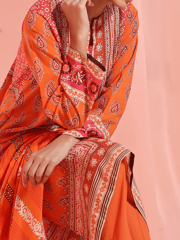 3Pc Printed Unstitched Lawn Orange - OL3P-6156-A