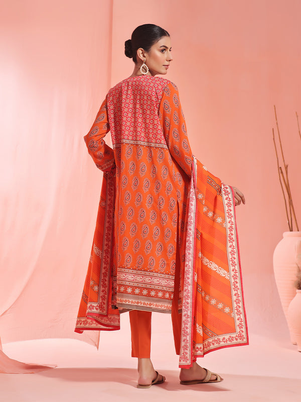 3Pc Printed Unstitched Lawn Orange - OL3P-6156-A