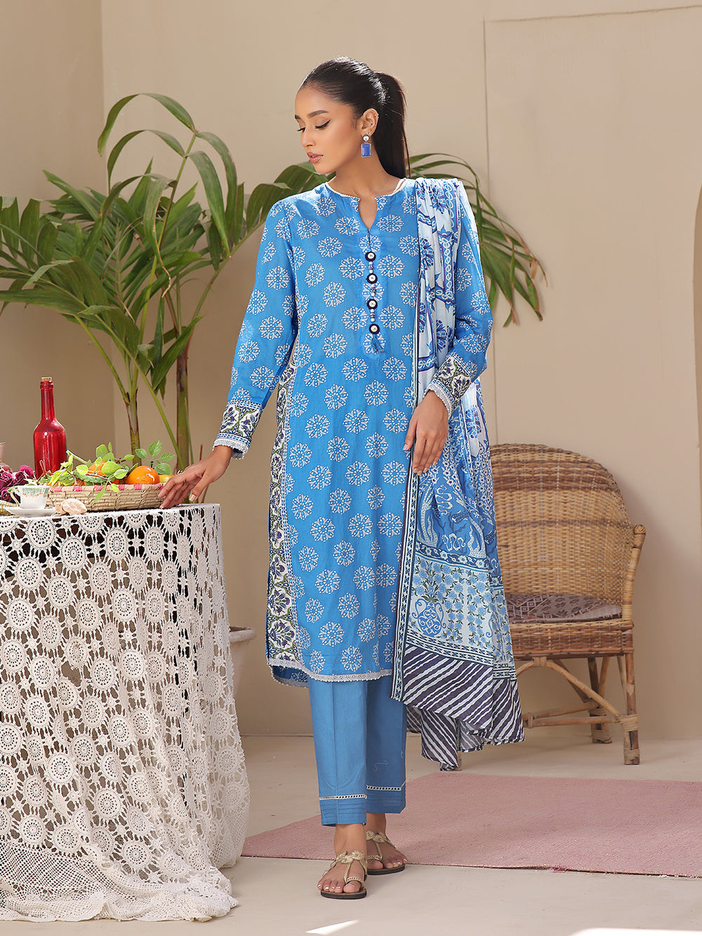 3Pc Printed Unstitched Lawn Blue - OL3P-6194-B-1