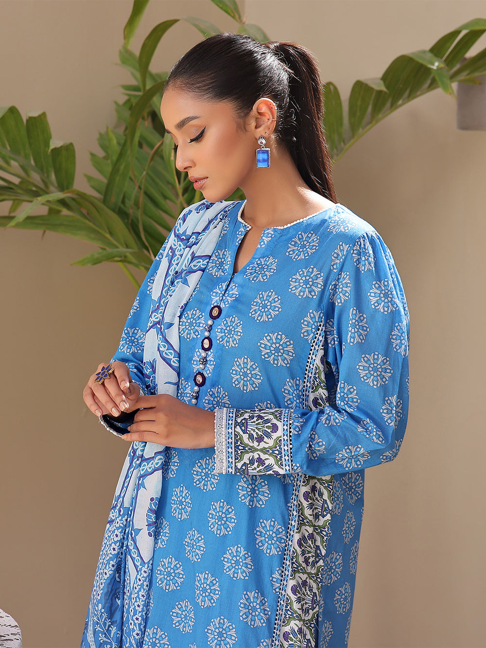 3Pc Printed Unstitched Lawn Blue - OL3P-6194-B-1
