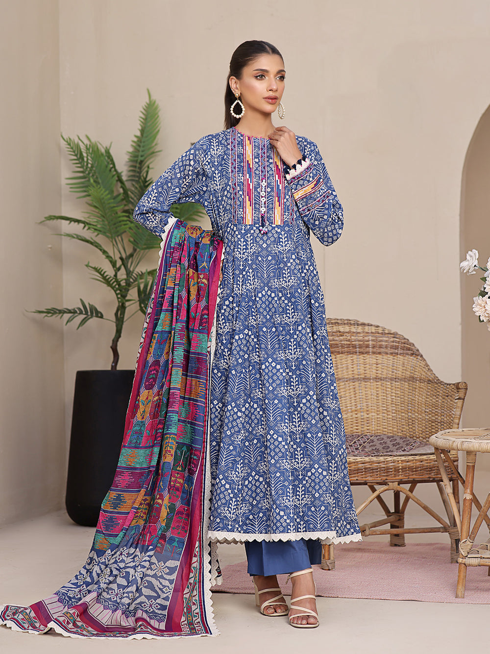 3Pc Printed Unstitched Lawn Blue - OL3P-6207-A-1