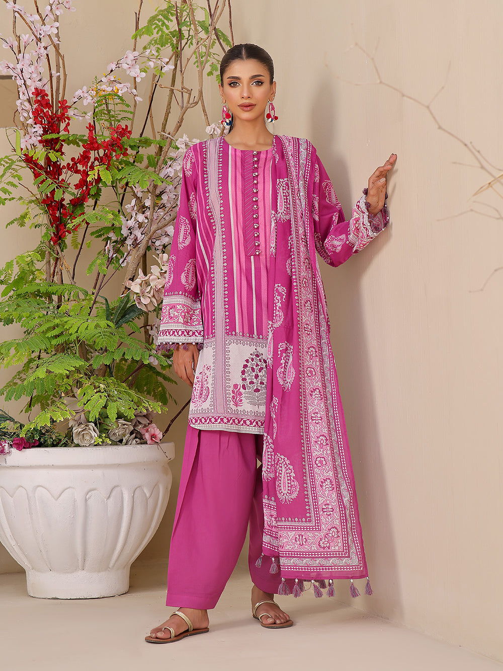 3Pc Printed Unstitched Lawn Magenta - OL3P-6213-A-1