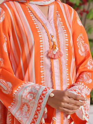 3Pc Printed Unstitched Lawn Orange - OL3P-6213-B-1