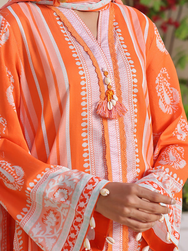 3Pc Printed Unstitched Lawn Orange - OL3P-6213-B-1