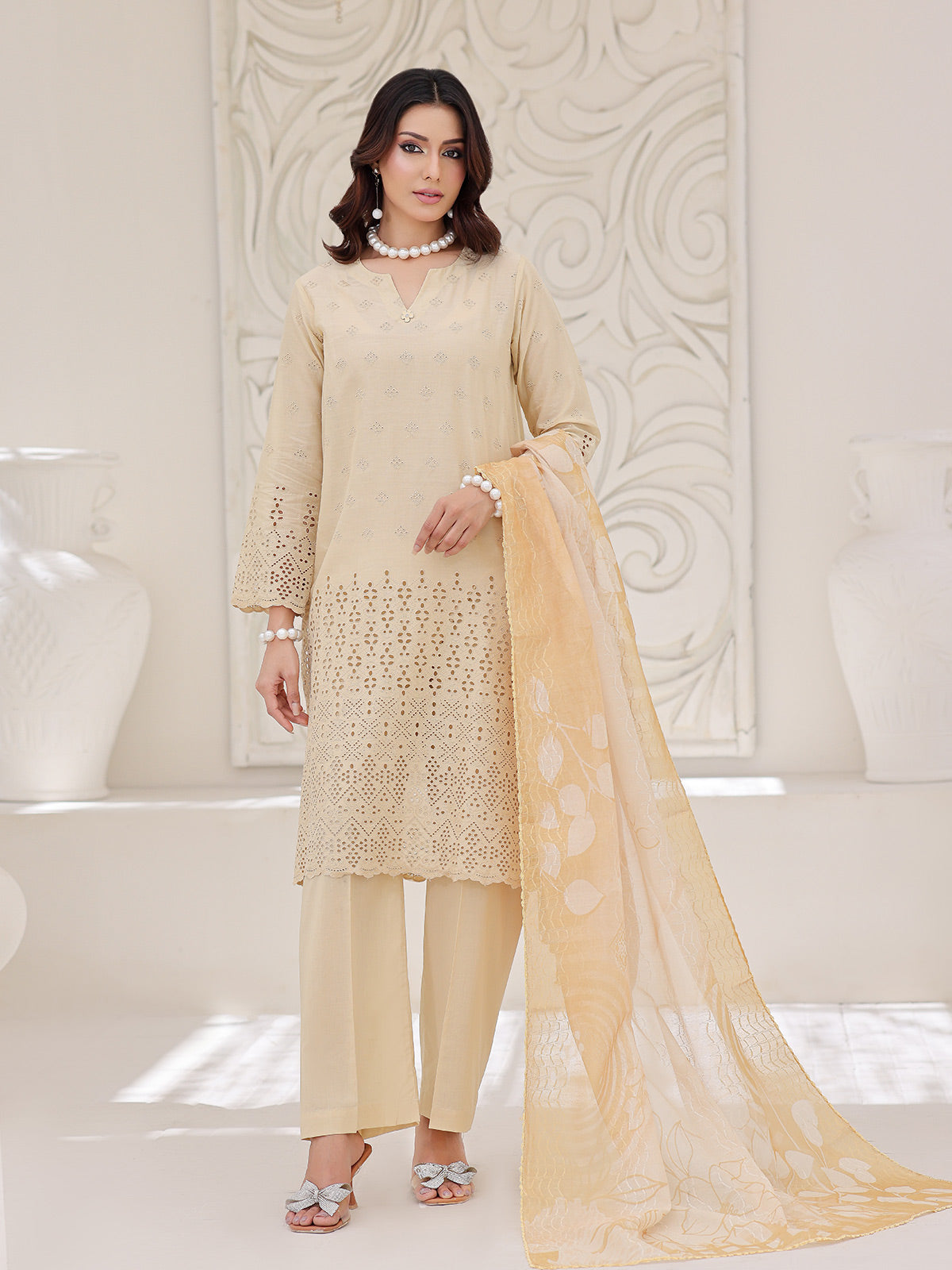 3Pc ChickenKaari Unstitched Suit Lawn Beige - OCBL3P-6432-A