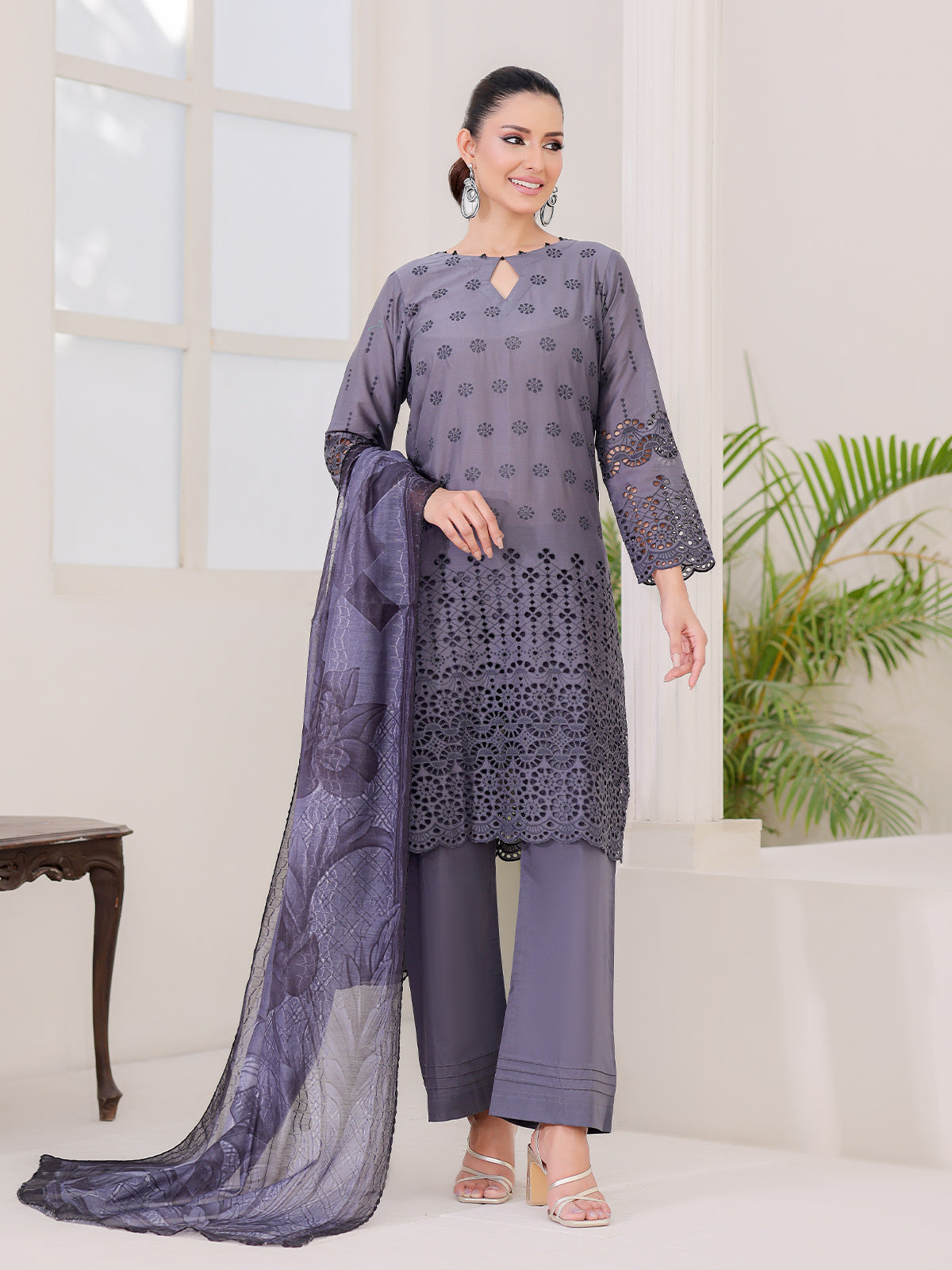 3Pc ChickenKaari Unstitched Suit Lawn Dark Grey - OCBL3P-6434-A