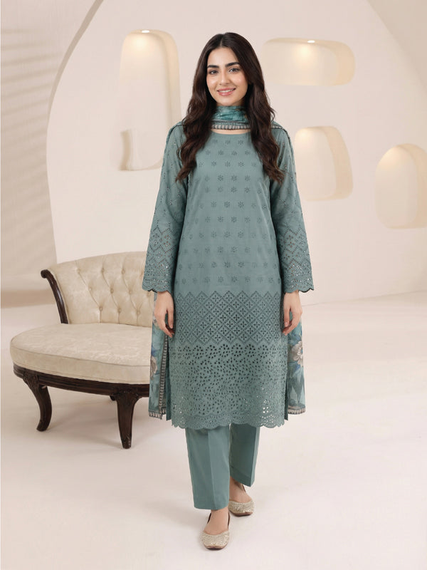 3Pc ChickenKaari Unstitched Suit Lawn Green - OCBL3P-6431-A