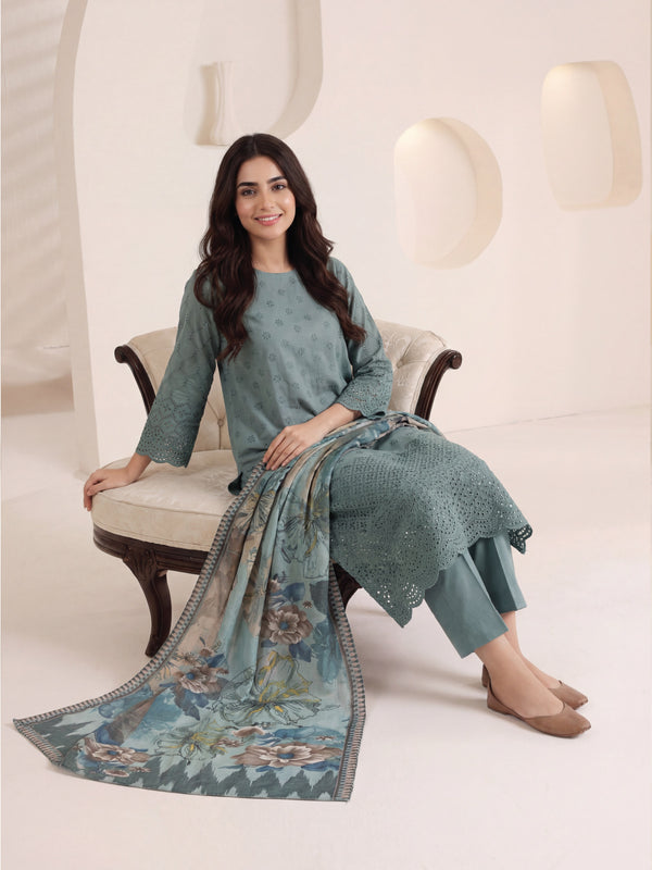 3Pc ChickenKaari Unstitched Suit Lawn Green - OCBL3P-6431-A