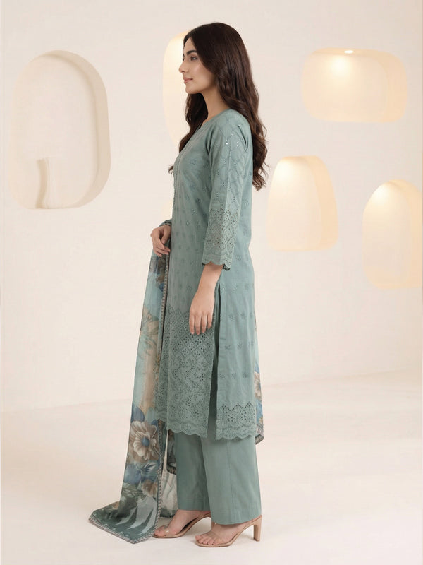 3Pc ChickenKaari Unstitched Suit Lawn Green - OCBL3P-6431-A