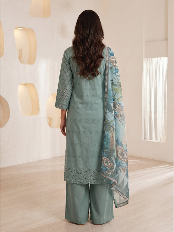 3Pc ChickenKaari Unstitched Suit Lawn Green - OCBL3P-6431-A