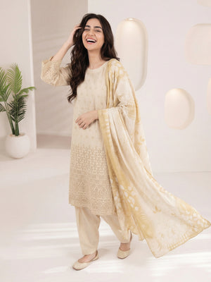 3Pc ChickenKaari Unstitched Suit Lawn Beige - OCBL3P-6432-A