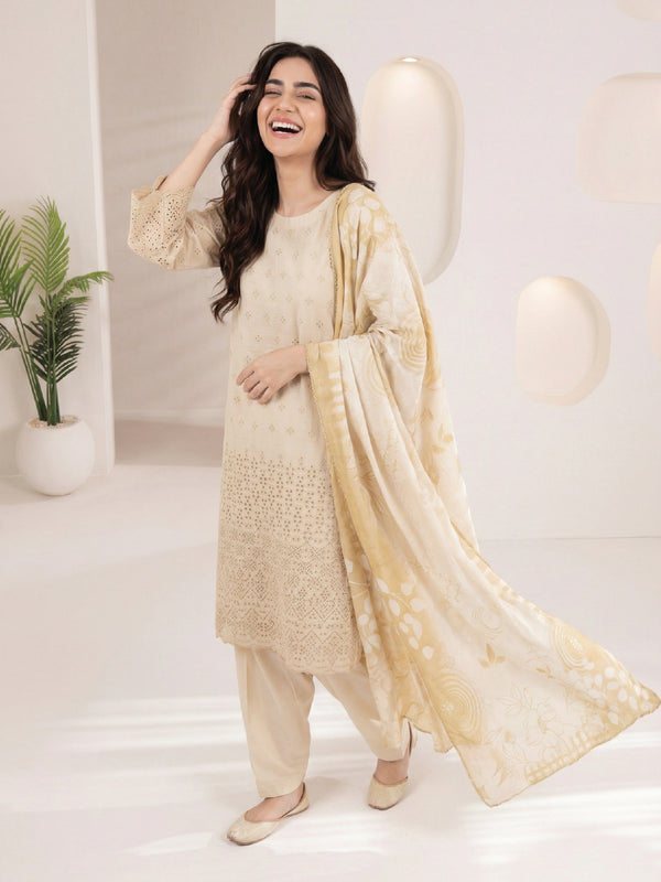 3Pc ChickenKaari Unstitched Suit Lawn Beige - OCBL3P-6432-A