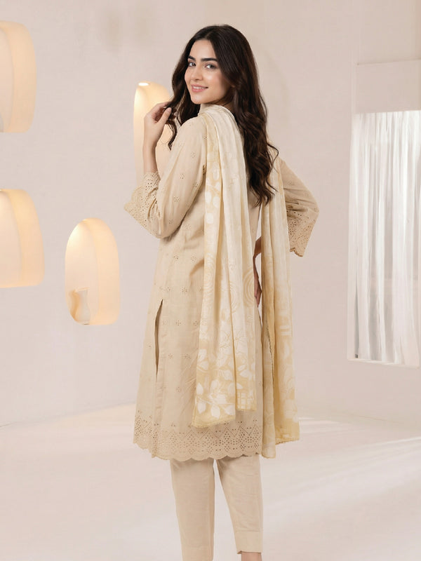 3Pc ChickenKaari Unstitched Suit Lawn Beige - OCBL3P-6432-A