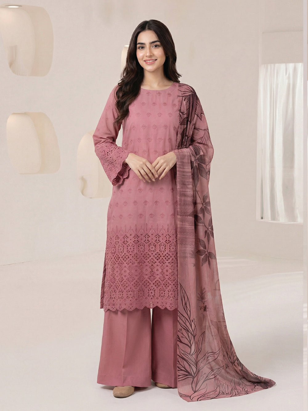 3Pc ChickenKaari Unstitched Suit Lawn Pink - OCBL3P-6433-A