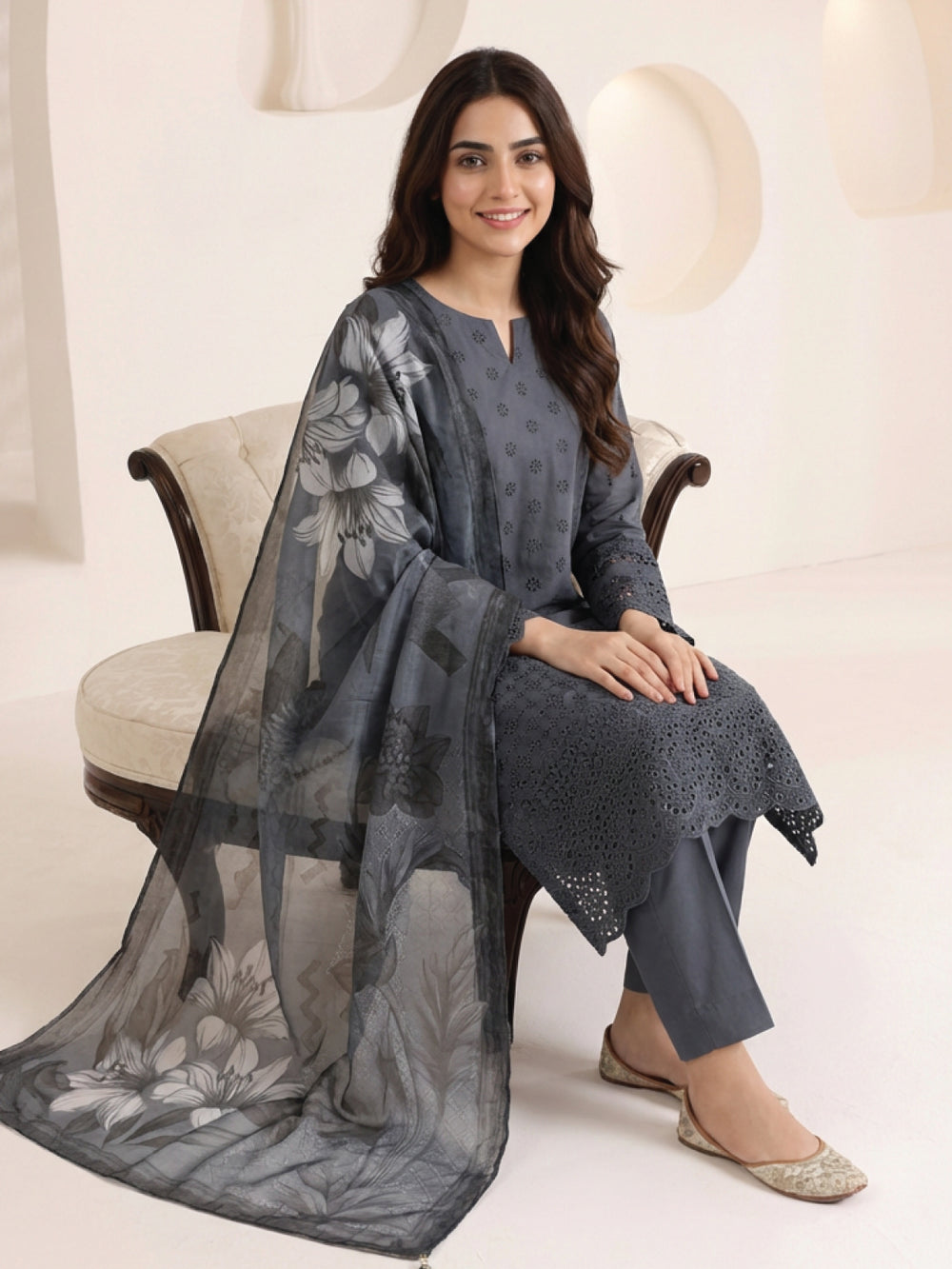 3Pc ChickenKaari Unstitched Suit Lawn Dark Grey - OCBL3P-6434-A