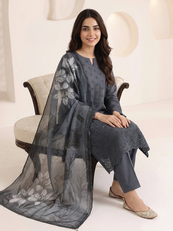3Pc ChickenKaari Unstitched Suit Lawn Dark Grey - OCBL3P-6434-A