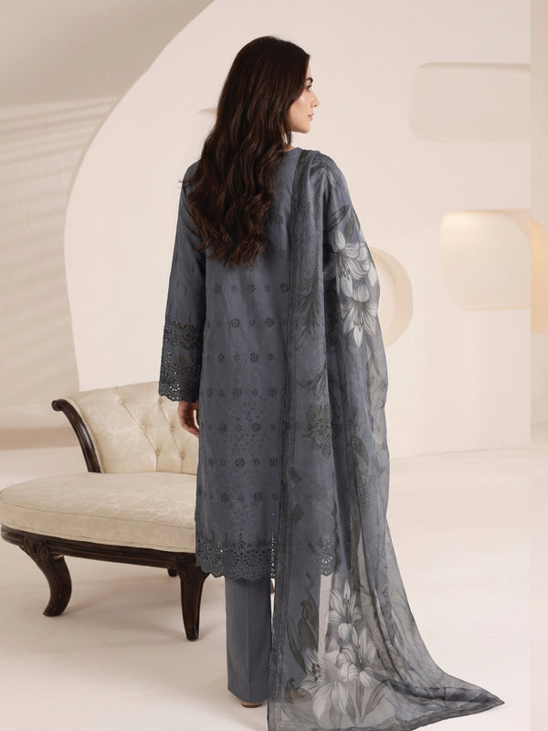 3Pc ChickenKaari Unstitched Suit Lawn Dark Grey - OCBL3P-6434-A