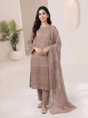 3Pc ChickenKaari Unstitched Suit Lawn Light Brown - OCBL3P-6436-A