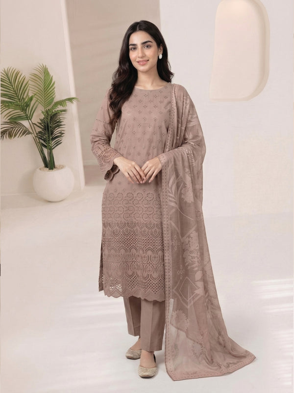 3Pc ChickenKaari Unstitched Suit Lawn Light Brown - OCBL3P-6436-A