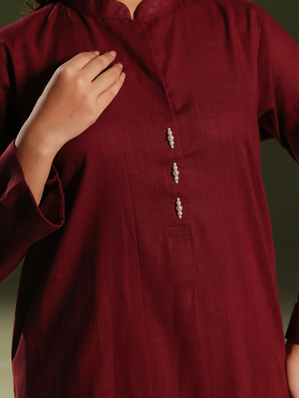 2Pc Solid Pret Shirt Trouser Khaddar Maroon - OW2P-2408032