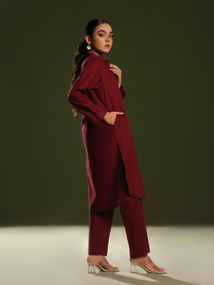 2Pc Solid Pret Shirt Trouser Khaddar Maroon - OW2P-2408032