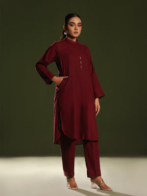 2Pc Solid Pret Shirt Trouser Khaddar Maroon - OW2P-2408032