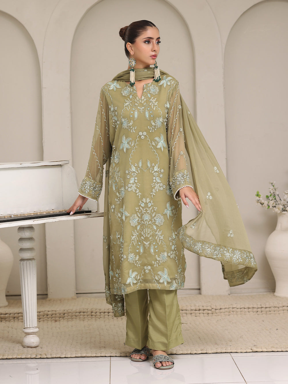 3Pc Embroidered Pret Suit Dyed Chiffon Green - OWE3P-2405008