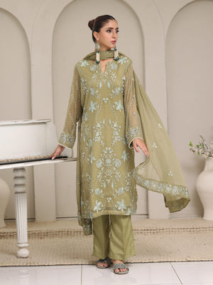 3Pc Embroidered Pret Suit Dyed Chiffon Green - OWE3P-2405008