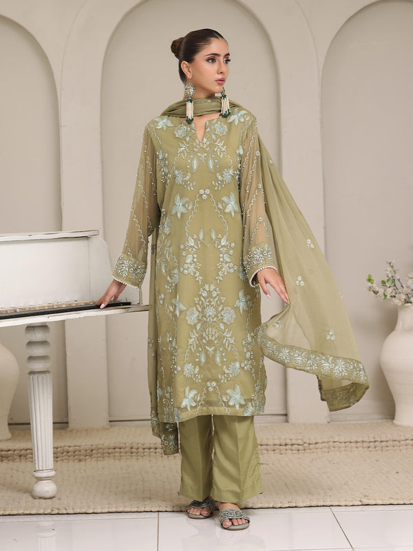 3Pc Embroidered Pret Suit Dyed Chiffon Green - OWE3P-2405008