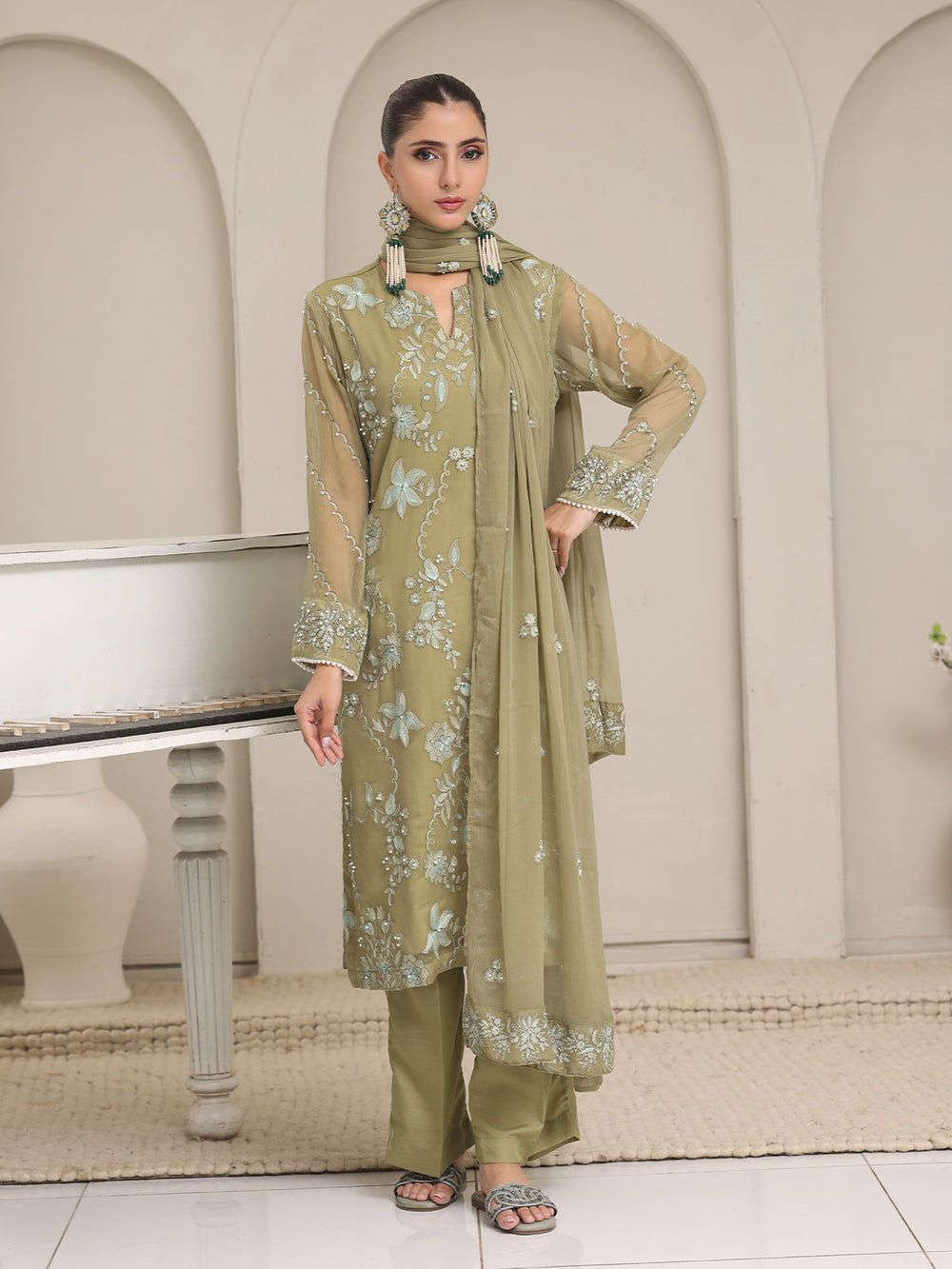 3Pc Embroidered Pret Suit Dyed Chiffon Green - OWE3P-2405008