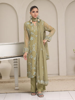 3Pc Embroidered Pret Suit Dyed Chiffon Green - OWE3P-2405008
