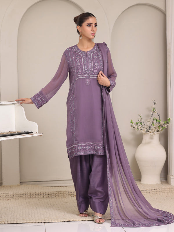 3Pc Embroidered Pret Suit Dyed Chiffon Purple - OWE3P-2405009