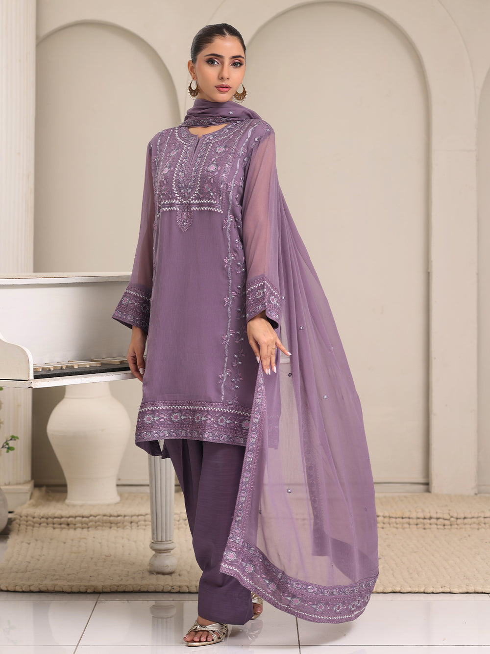 3Pc Embroidered Pret Suit Dyed Chiffon Purple - OWE3P-2405009