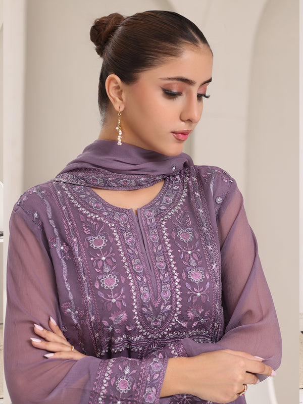 3Pc Embroidered Pret Suit Dyed Chiffon Purple - OWE3P-2405009