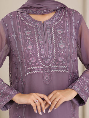 3Pc Embroidered Pret Suit Dyed Chiffon Purple - OWE3P-2405009