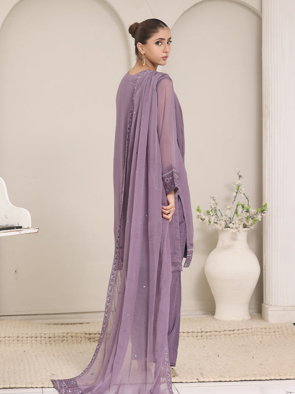 3Pc Embroidered Pret Suit Dyed Chiffon Purple - OWE3P-2405009