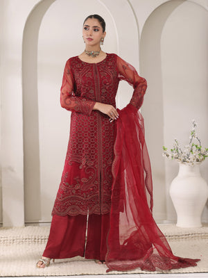3Pc Embroidered Pret Suit Organza Maroon - OWE3P-2405010