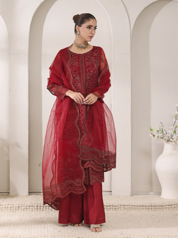 3Pc Embroidered Pret Suit Organza Maroon - OWE3P-2405010