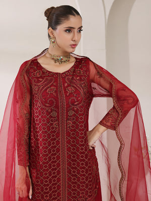 3Pc Embroidered Pret Suit Organza Maroon - OWE3P-2405010