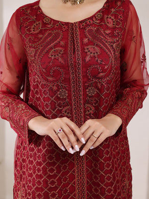 3Pc Embroidered Pret Suit Organza Maroon - OWE3P-2405010