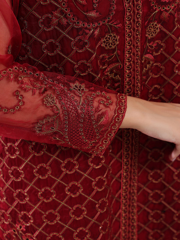 3Pc Embroidered Pret Suit Organza Maroon - OWE3P-2405010