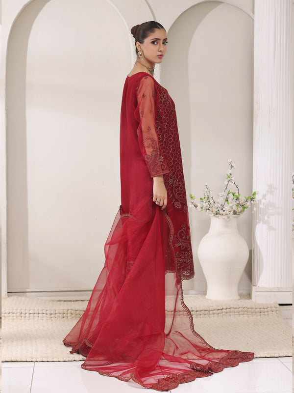 3Pc Embroidered Pret Suit Organza Maroon - OWE3P-2405010