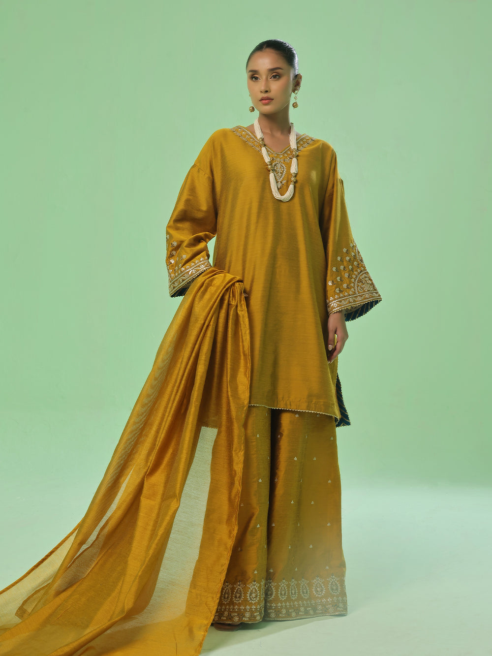 3Pc Embroidered Pret Suit Cotton Silk Mustard - OWE3P-2410008