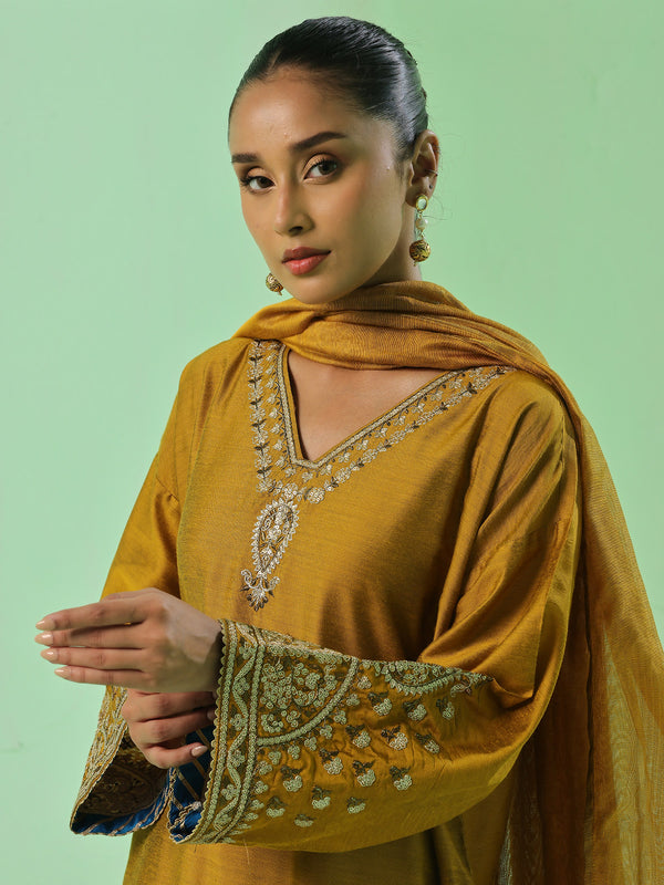 3Pc Embroidered Pret Suit Cotton Silk Mustard - OWE3P-2410008
