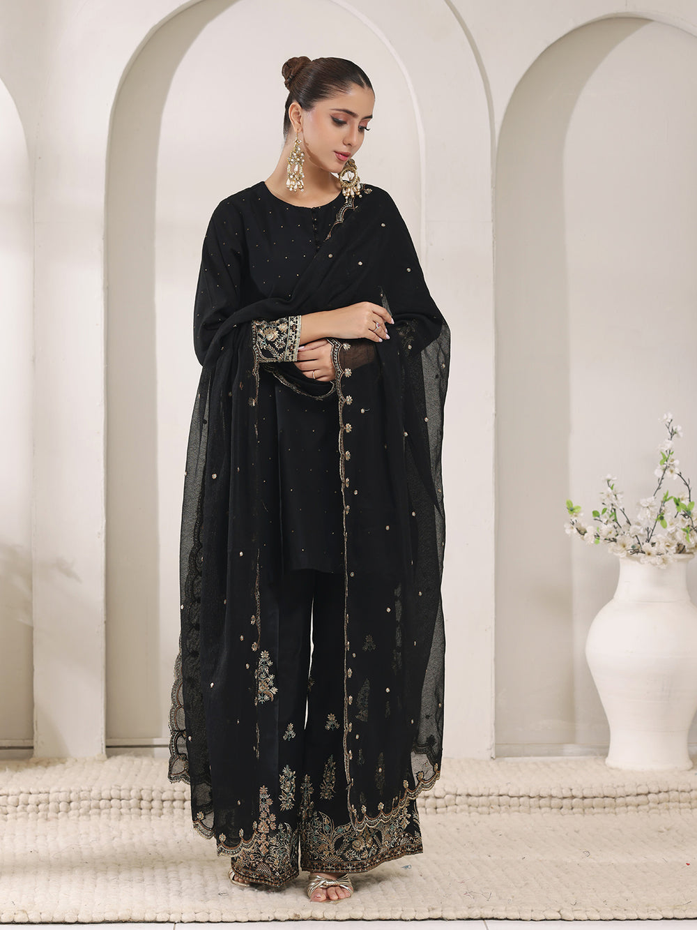 3Pc Embroidered Pret Suit Cotton Net Jacquard Black - OWE3P-2410010