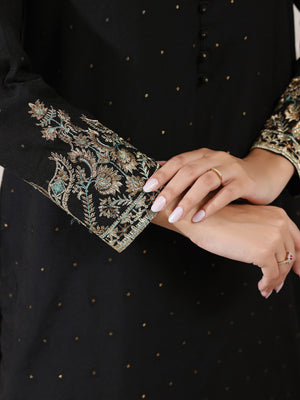 3Pc Embroidered Pret Suit Cotton Net Jacquard Black - OWE3P-2410010